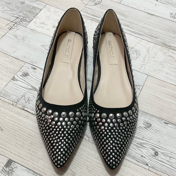 Guilty Soles Stella Black and Silver Studded Flats - Picture 1 of 5